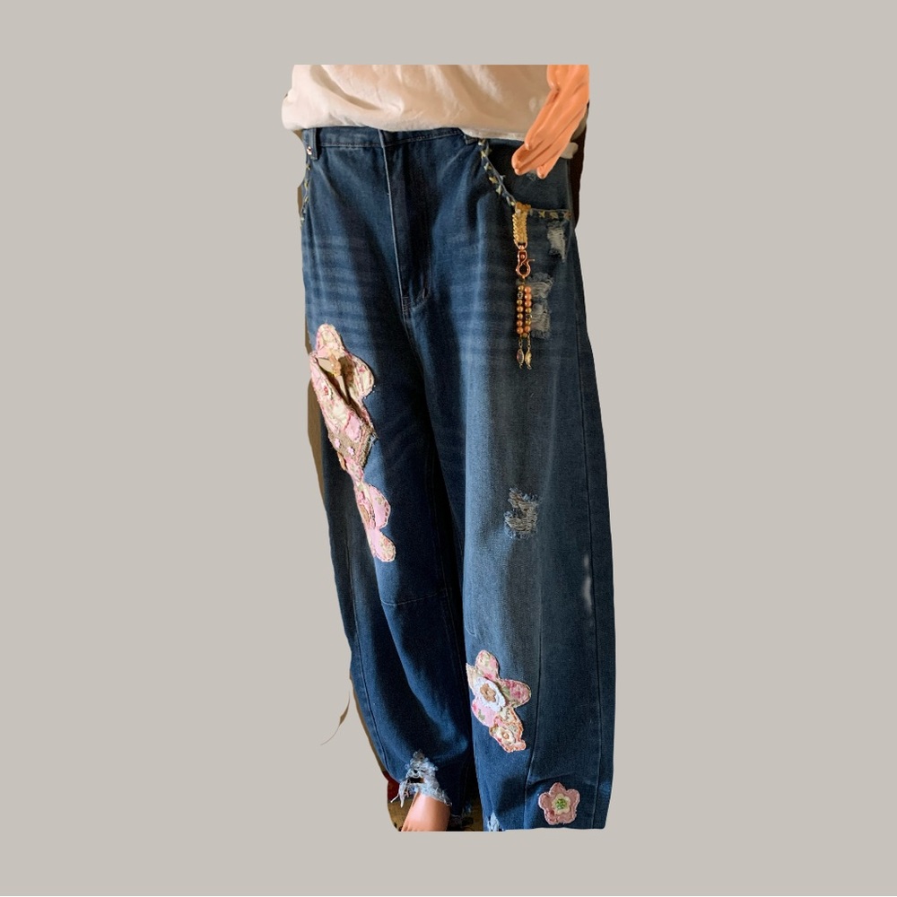 Shabby Chic Influenced Distressed Barrel Jean, Pocket to Wear Your Love
